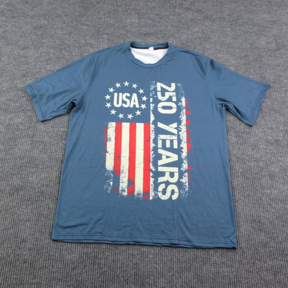 USA 250 Years Shirt Mens XL Blue Patriotic Flag Stars Stripes Graphic Tee
